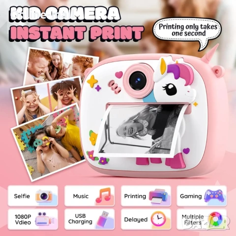 Детска камера с моментален печат – Еднорог / Динозавър, Instant Print Camera с 1080P видео и 32GB ка, снимка 12 - Фотоапарати - 53244120