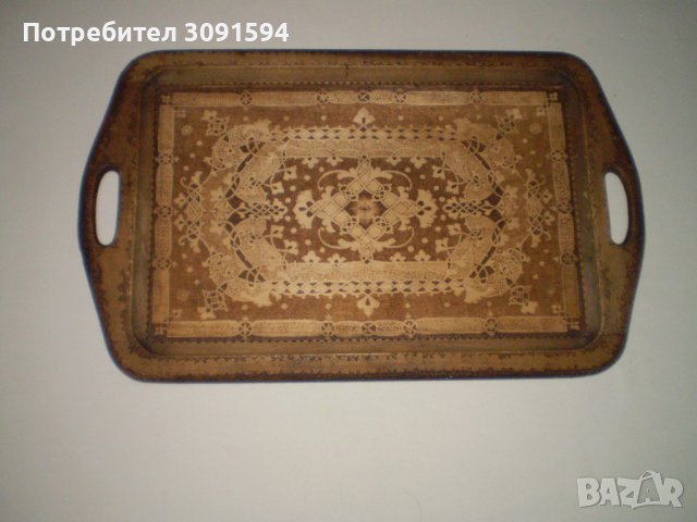 Винтидж ръчно изработен дървен поднос с дръжки и декорация пирография , снимка 3 - Антикварни и старинни предмети - 44089346