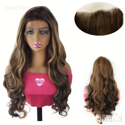 Чуплива кафява перука с руси кичури - 70-75 см, дантела 13х4, снимка 4 - Аксесоари за коса - 52777563