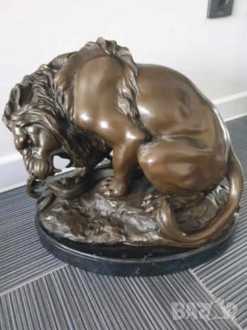 60см-22кг Barye статуя-композиция/голяма бронзова скулптура/фигура на лъв и змия