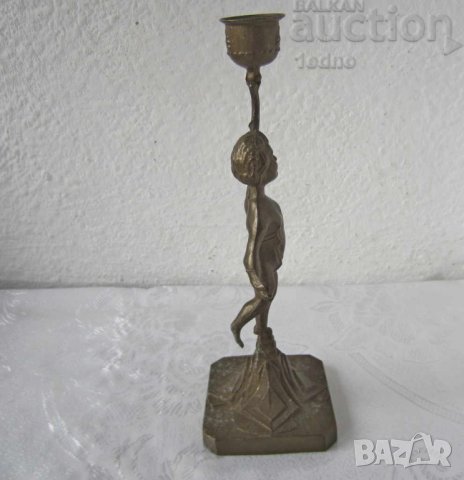 Стари свещници, свещник стар метален 24 см с момче фигура антика, снимка 4 - Антикварни и старинни предмети - 28874507