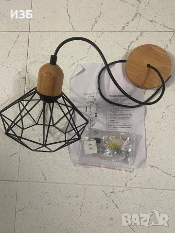 Ретро индустриална висяща лампа с геометричен дизайн E27 Лампа, изработена от дърво и абажур от желя, снимка 3 - Лампи за таван - 48684284