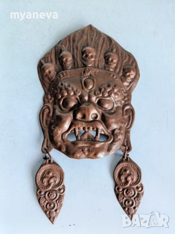 Медна ритуална маска , амулет от азиатска култура,божество , защитен дух от Непал. , снимка 3 - Пана - 51096595