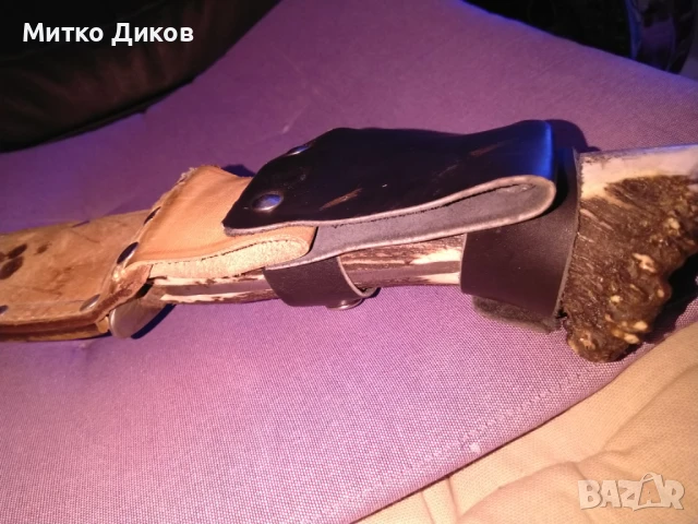 Масивен ловен нож дръжка еленов рог калъф естест.кожа 45см и острие 247х43мм дебелина 5мм, снимка 11 - Ножове - 51009467