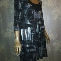 Wearhouse XL-Официална  еластична туника/рокля/ в черно с абстрактни сребристи фигури , снимка 1 - Туники - 43420143