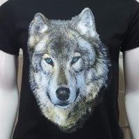 Нова мъжка тениска с трансферен печат Вълк със сини очи, Серия вълци, снимка 5 - Тениски - 27554751