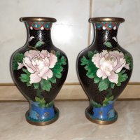 Cloisonne Клоазоне Двойка стари вази бронз клетъчен емайл, снимка 5 - Антикварни и старинни предмети - 43202732
