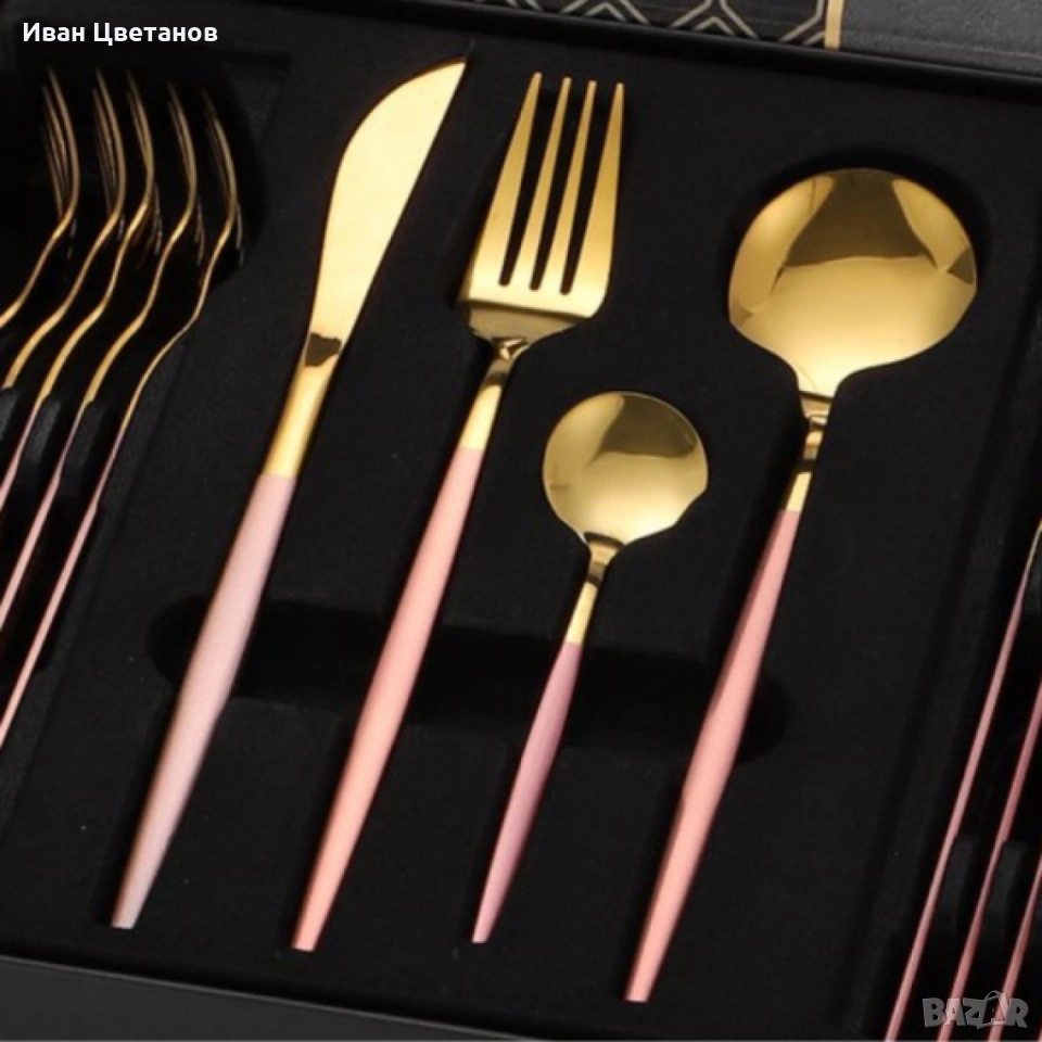 Комплект прибори за хранене от 24 части с луксозен дизайн и магнитна кутия в златисто и розово, снимка 1