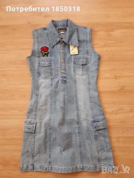 Дамска дънкова рокля без ръкави с бродерия, снимка 1