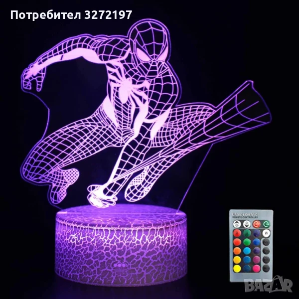 Холограмна 3D LED лампа Spider Man-дистанционно управление 16 цвята+други режими на управление, снимка 1