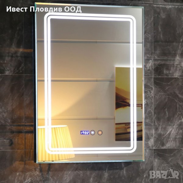 Огледало за баня 70х50см с вградено LED осветление, часовник, нагревател, снимка 1