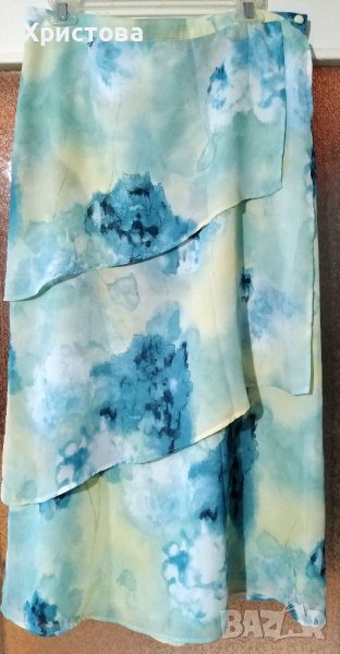 Дълга елегантна пола в синьо, жълто и бяло, L/XL, снимка 1