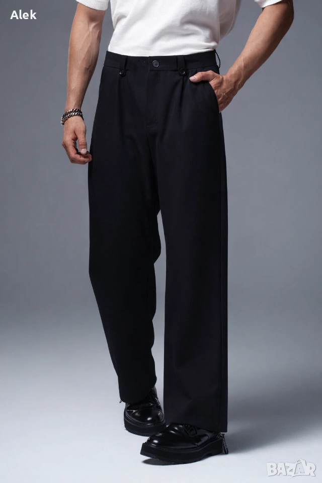 Мъжки елегантен панталон – wide fit, висока талия, черен, снимка 1