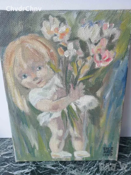 46x35см наивизъм/2бр шведска картина масло върху платно/момиченце с цветя/момченце художник, снимка 1