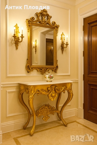 Старинна конзолна маса с мраморен плот и дърворезба, снимка 1