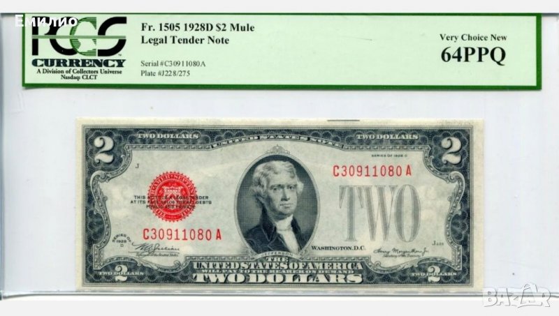 RARE. USA 🇺🇸 $ 2 DOLLARS 1928-D MULE. PCGS 64, снимка 1