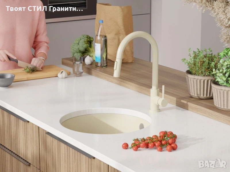 Бежава кръгла кухненска мивка за вграждане под плот Валета 50 460x460 мм, снимка 1