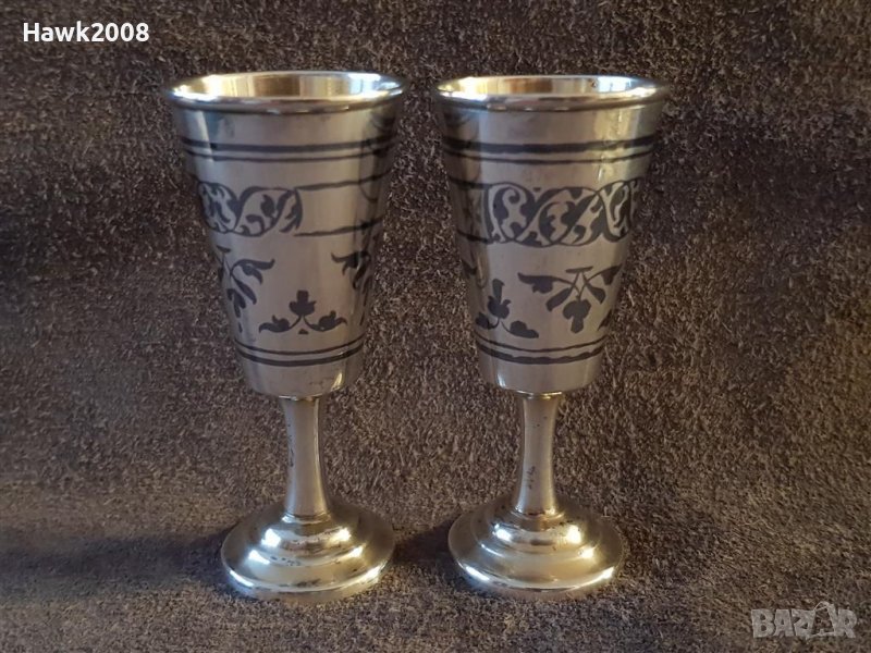 Сребърни сребро с позлата и ниело чифт руски перфектни чашки чаша, снимка 1