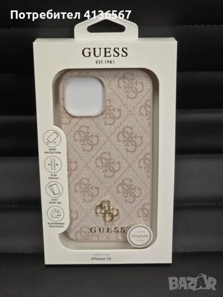 Защитен калъф Guess с метално лого PU, за iPhone15, розов, снимка 1