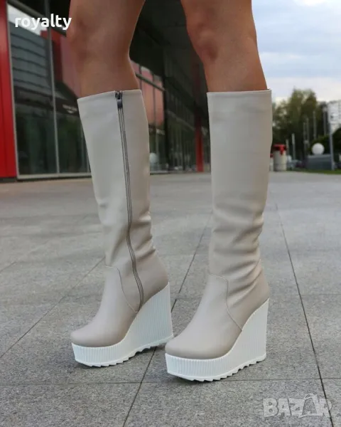 Ботуши на платформа - бежова кожа с бяло ходило, снимка 1