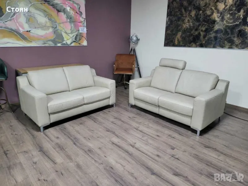 Кремав кожен комплект дивани две двойки HUKLA KS473120, снимка 1