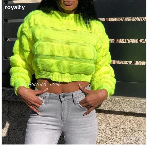 Ефектен пуловер с поло в жълт неон, снимка 1