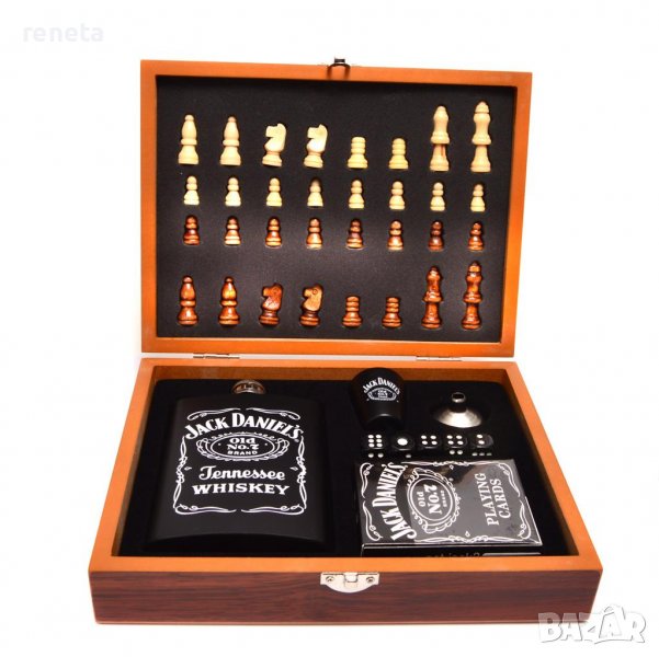 Комплект за шах с карти и зарчета, Дървен, В кутия, Кафяв, снимка 1