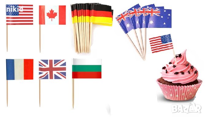 25 бр хартиени коктейлни знамена флагчета клечки Америка Канада Англия Франция Германия Австралия  , снимка 1