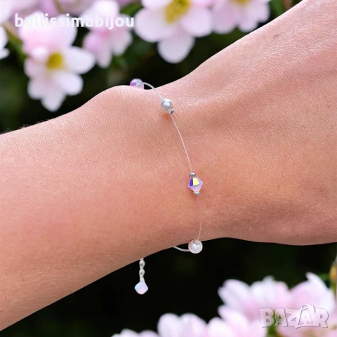 Дамска Нежна Гривна на Прозрачна Корда с Кристали и Перли ''Swarovski'