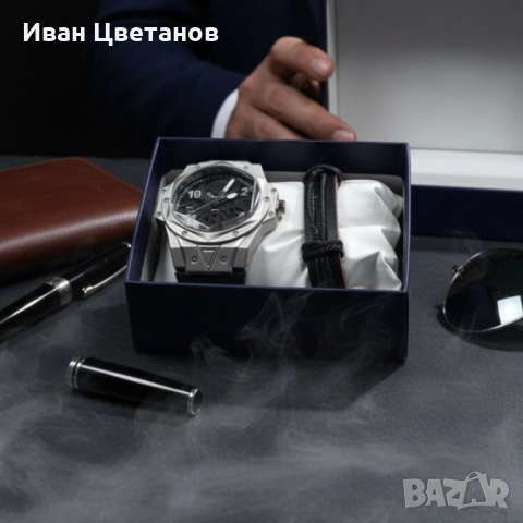 Мъжки подаръчен комплект – стилен часовник и черна гривна, снимка 2 - Мъжки - 52124729