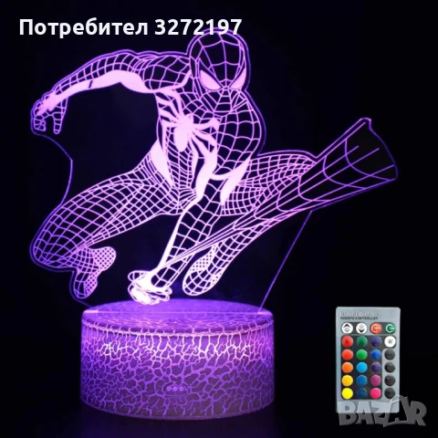 Холограмна 3D LED лампа Spider Man-дистанционно управление 16 цвята+други режими на управление, снимка 1