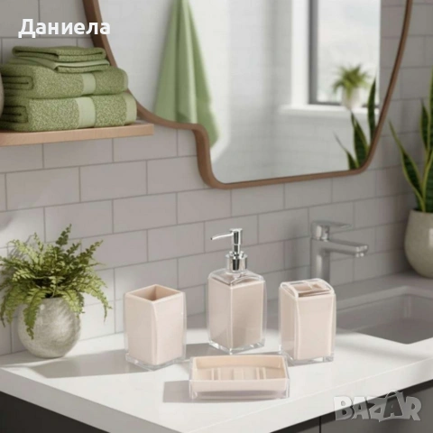 Комплект аксесоари за баня Cheffinger – 4 части, дозатор за сапун, чаша за четки и сапунерка