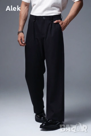 Мъжки елегантен панталон – wide fit, висока талия, черен