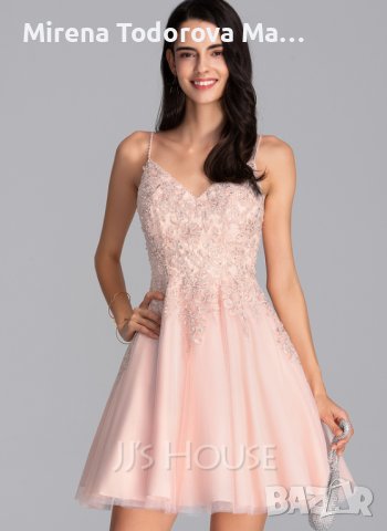 Абитуриентска рокля.А-силует Къса/Мини Рокля от тюл с V-образно деколте и пайети с мъниста.EU36 S -1, снимка 3 - Рокли - 36684211