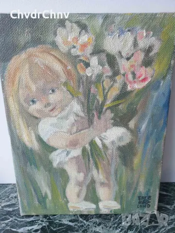 46x35см наивизъм/2бр шведска картина масло върху платно/момиченце с цветя/момченце художник
