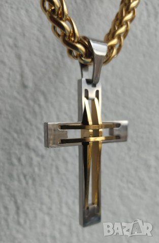 Масивен ланец кръст от медицинска стомана, цвят златен злато, снимка 3 - Колиета, медальони, синджири - 44000949