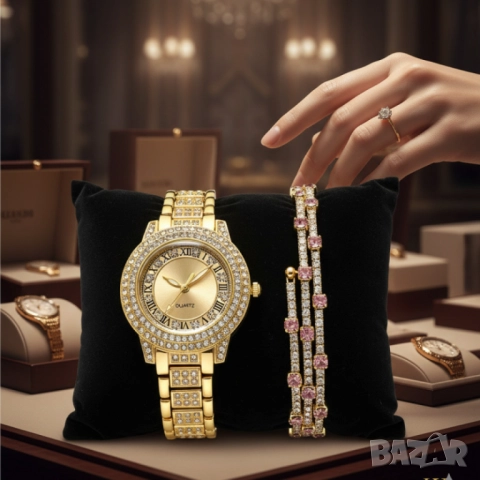 Бляскав дамски комплект часовник и гривна – съчетава елегантност и практичност, снимка 2 - Дамски - 51975919