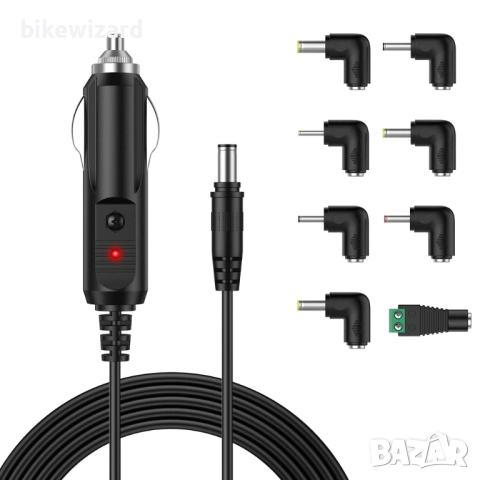 Универсален захранващ кабел за кола 12V 2A с 8 накрайника – 5.5 x 2.1 мм НОВО