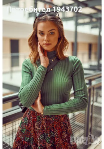 Къса дамска блуза с дълги ръкави в зелен цвят 190155, снимка 4 - Блузи с дълъг ръкав и пуловери - 48132203