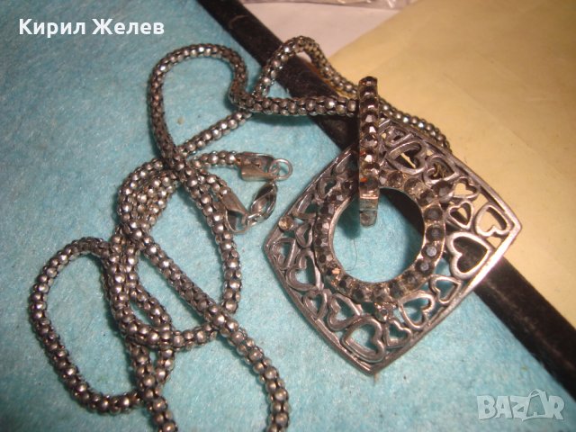ПОСРЕБРЕН КРАСИВ СЪРЦЕВИДЕН АРТ МЕДАЛЬОН с ИНКРУСТИРАНИ МАРКАЗИТИ и ВИНТИДЖ ВЕРИЖКА 26581