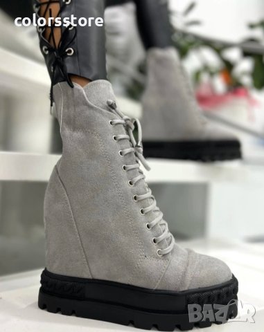 Боти на платформа - сив велур - BPL25