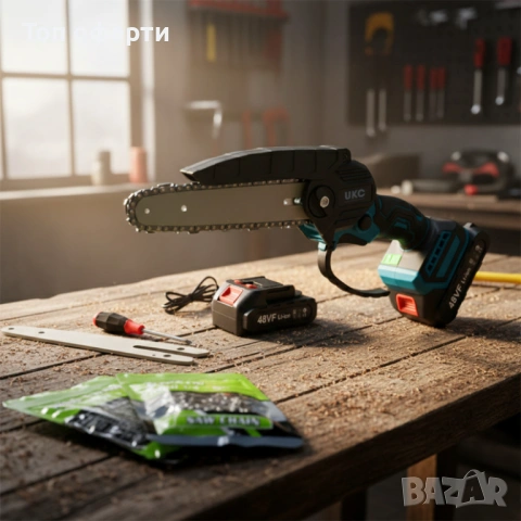 Акумулаторен трион за дърво и клони UKC 48V – 6″ верижна резачка с 2 батерии и 2 вериги, снимка 2 - Градински инструменти - 53083950
