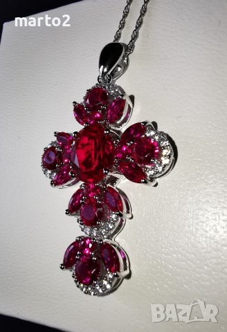 Елегантно Сребърно 925 Колие - Кръст с родиево покритие и Лабораторни Рубини и Циркони!, снимка 5 - Колиета, медальони, синджири - 43905758