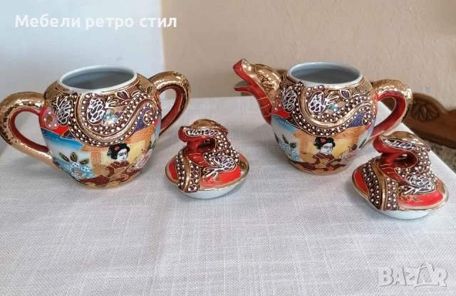 Японски комплект захарница и каничка за чай Satsuma. С богато рисувана релефна декорация. , снимка 5 - Декорация за дома - 51327811
