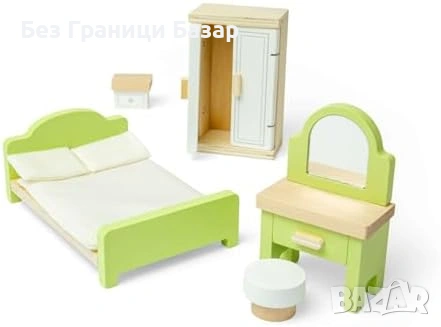 Нов Комплект спалня за кукли от дърво – мини легло, гардероб, тоалетка, снимка 4 - Образователни игри - 53520814