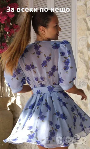 Дамска Кукленска Къса Рокля С Дълбоко V-Образно Деколте И Ръкави Тип Балон Код A566, снимка 4 - Рокли - 50183319