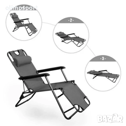 Сгъваем стол шезлонг - разгъва се до походно легло с дължина 178 см, с възглавничка за главата. , снимка 3 - Столове - 50482455