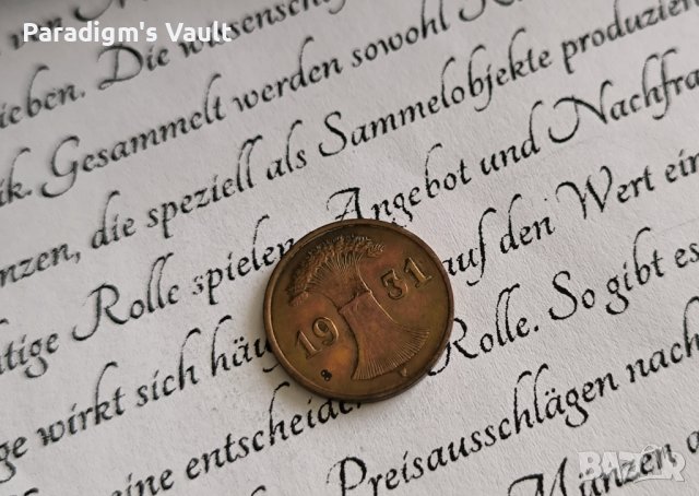 Райх монета - Германия - 1 пфениг | 1931г.; серия F, снимка 2 - Нумизматика и бонистика - 43290570