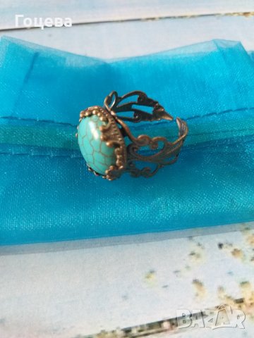  Разкошен пръстен с Тюркоаз и прекрасни орнаменти в цвят Античен бронз , снимка 3 - Пръстени - 33671809