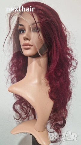 Естествена бразилска перука 75 см – тъмно червена, чуплива, дантелена зона 13x6, снимка 2 - Аксесоари за коса - 53178832